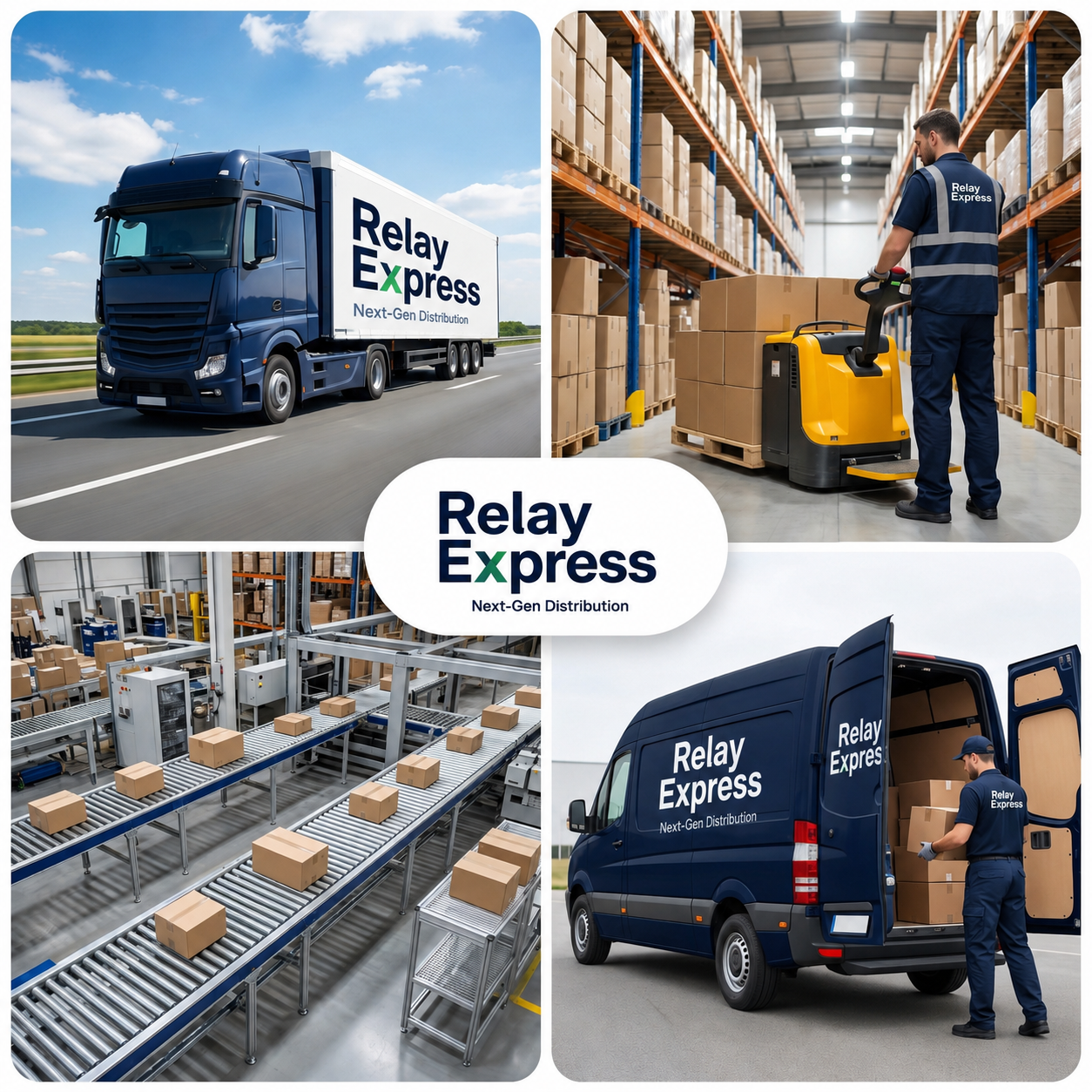 Relay Express logistics fleet, warehouse, conveyor belt and delivery operations